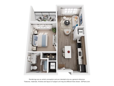 Floor plan for 1 bed, 1 bath, 615 sqft